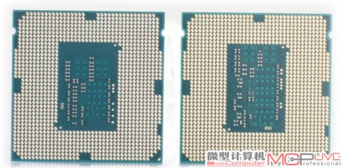虽然开放了倍频超频，但由于是双核处理器设计，功耗不高，因此Pentium G3258(左)处理器的背面并未像Core i7 4790K那样配备了更多的电容，其电容数量比Haswell Core i5级别(右)的产品还要少。